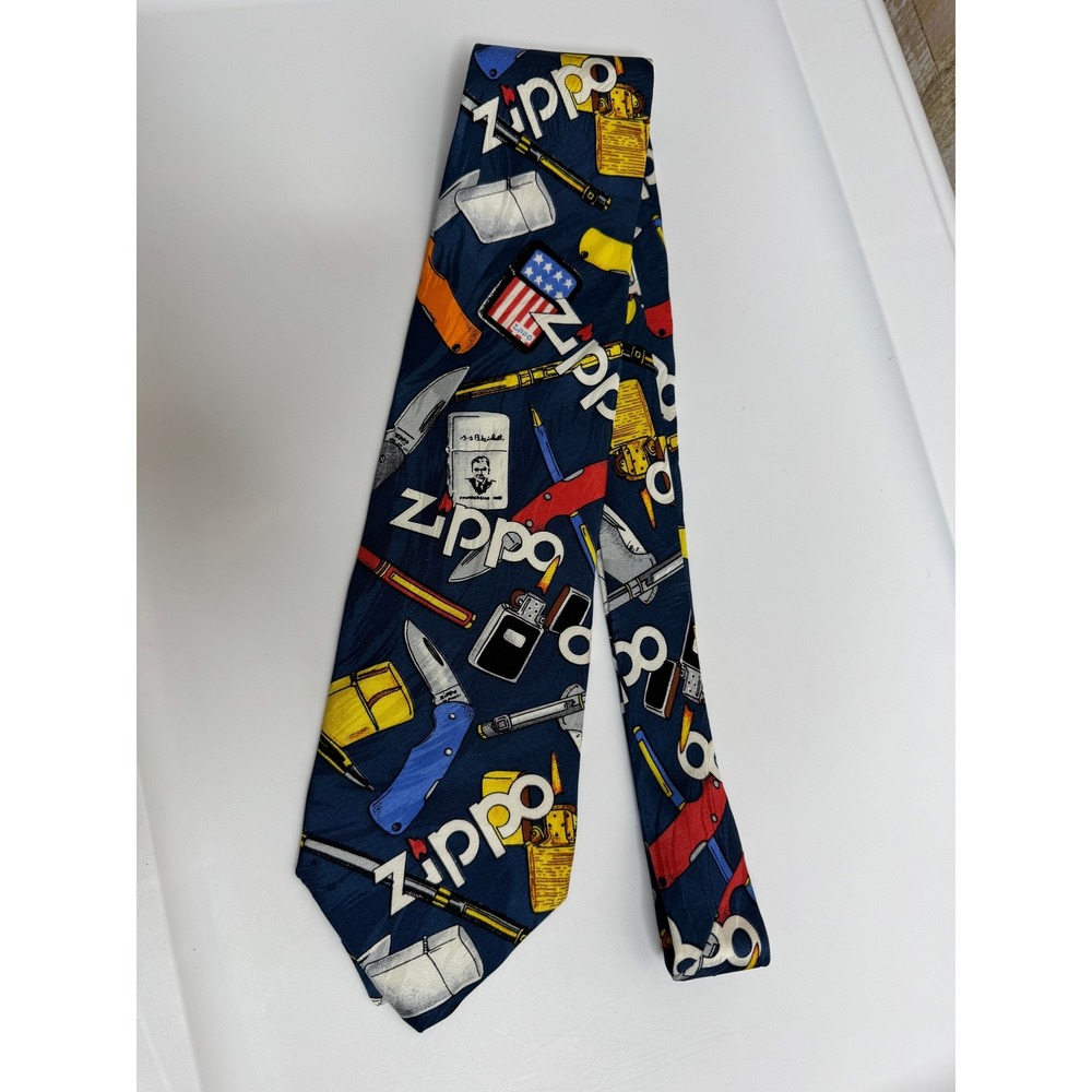 Zippo The World Famous Silk‎ Neck Tie Navy Blue Lighters Knives Flag Print